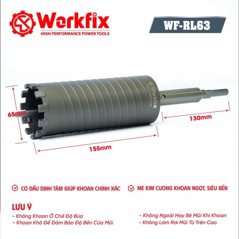 WORKFIX Mũi Khoan Rút Lõi Bê Tông 55mm - 63mm x 300mm Model  Chuôi Dài Thoát Phôi Tốt Chống Kẹt Mũi Hiệu Suất Cao