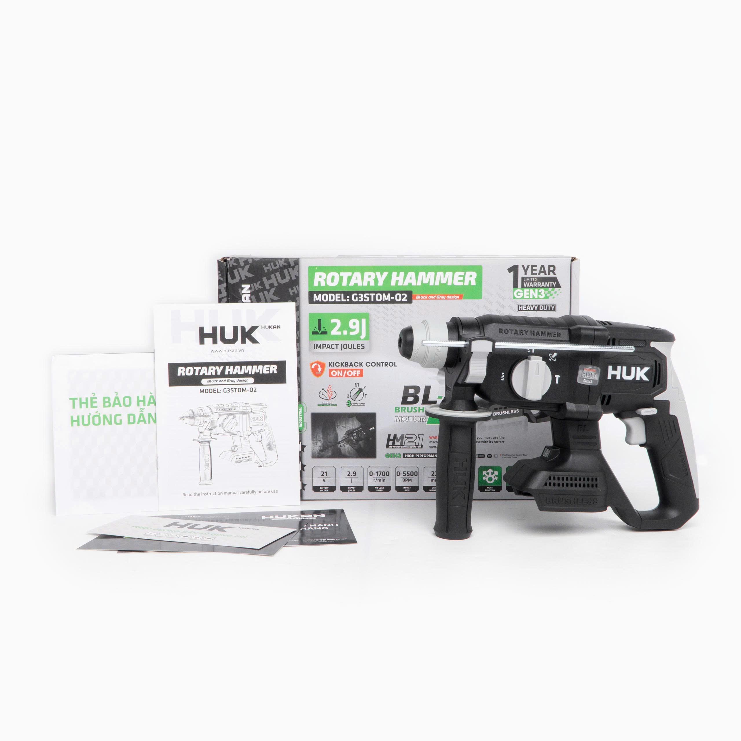 Máy khoan đục bê tông pin Huk G3STOM-O2, Lực đập 2.9J,3 Chức năng,Chế độ tạo xung + Chống lật cổ tay