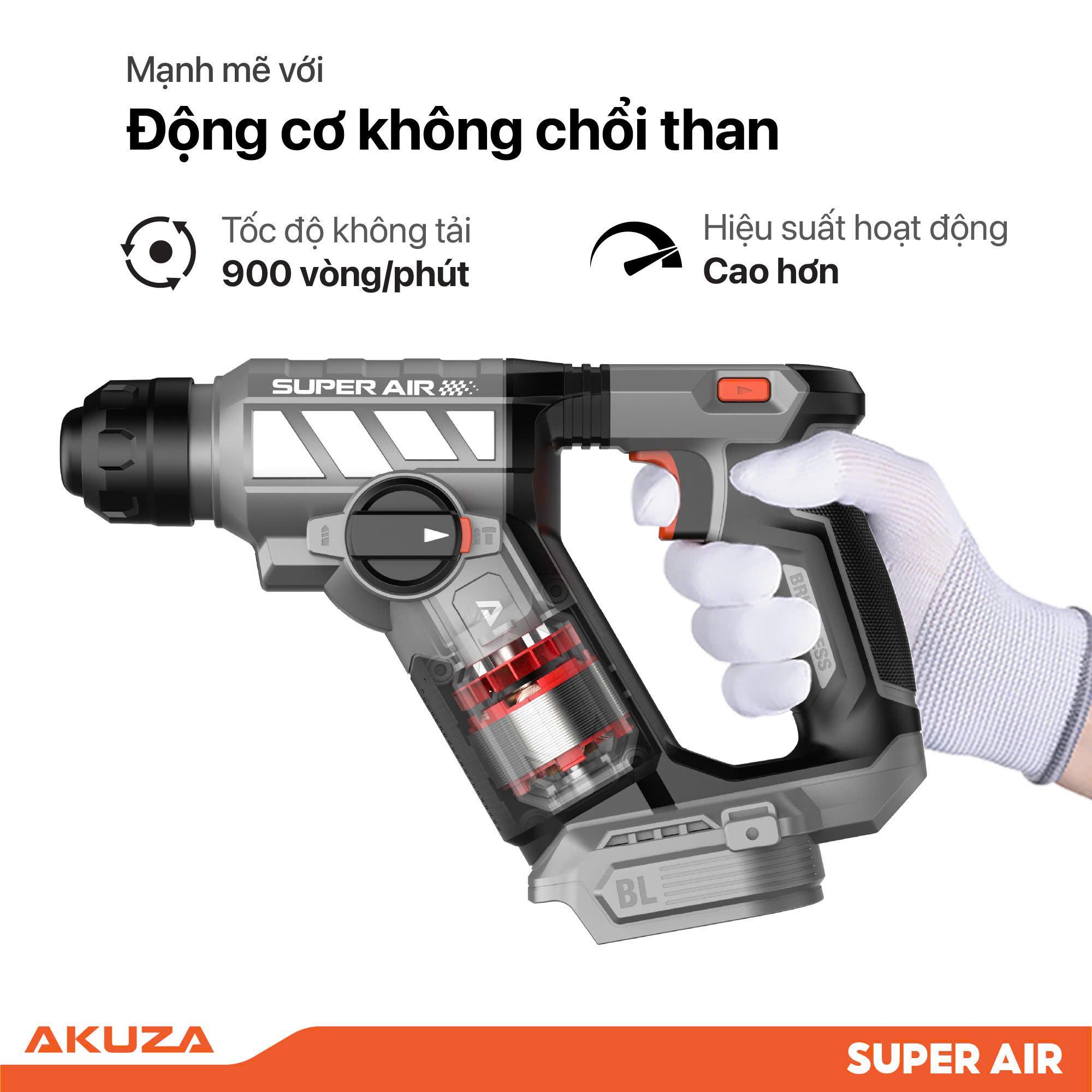 Máy Khoan Bê Tông Mini AKUZA SUPER AIR - Có Tạo Xung, Lực Đập 1,7J, trọng lượng 1,2kg - chân pin m21 phổ thông- bảo hành 12 tháng