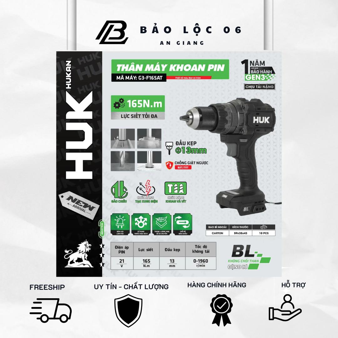 Máy khoan pin HUKAN/ HUK 13mm - 165nm  GEN 3 – Body G3-F165AT , CÓ ANTIKICKBACK - ko chổi than