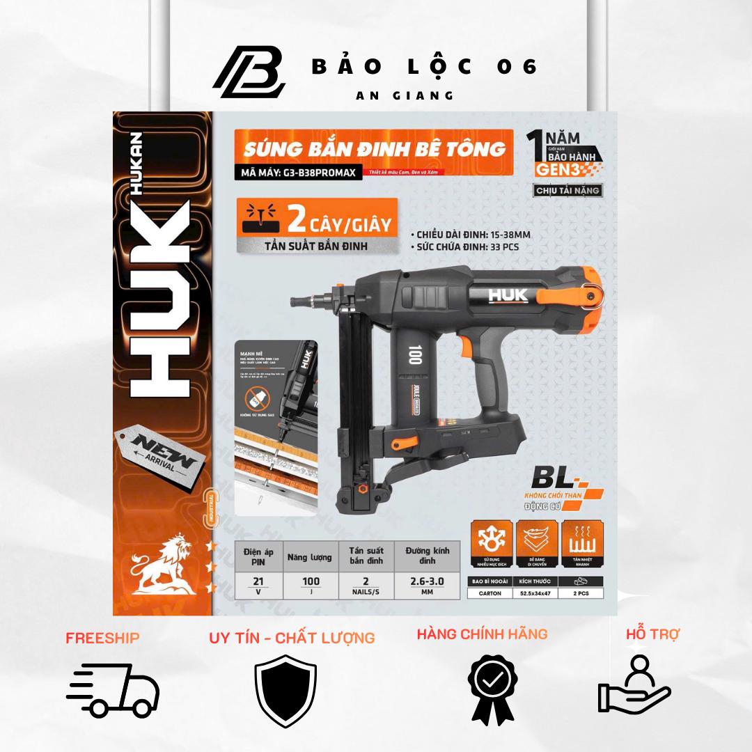Máy Bắn Đinh Bê Tông HUKAN G3- B38 PROMAX Không Chổi Than, Tốc Độ 2 Cây/giây, Không Dùng Gas Bảo Hành 1 Năm