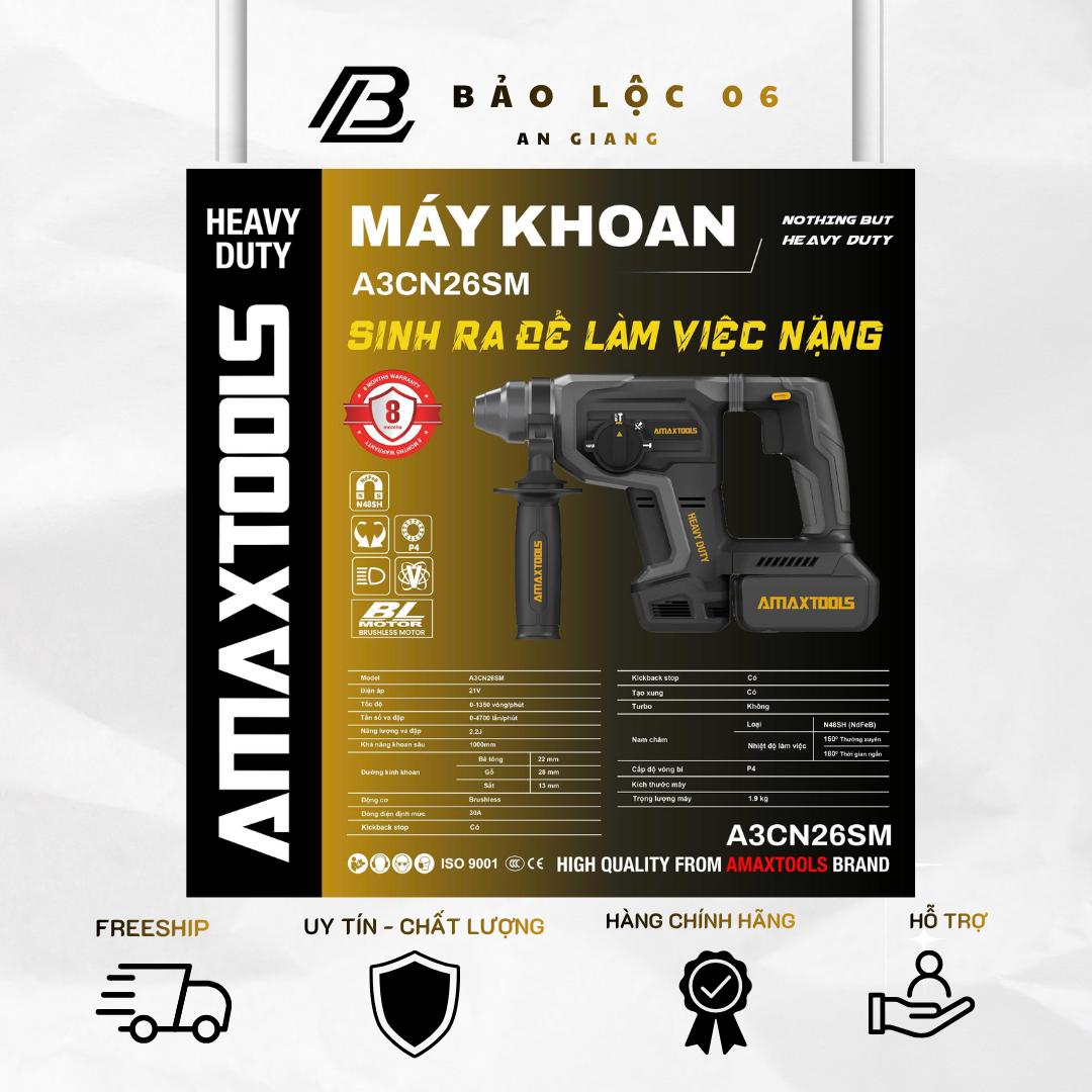 Máy khoan bê tông không chổi than AMAXTOOLS A3CN26SM (Heavy Duty 21V), có chống lật cổ tay, có tạo xung