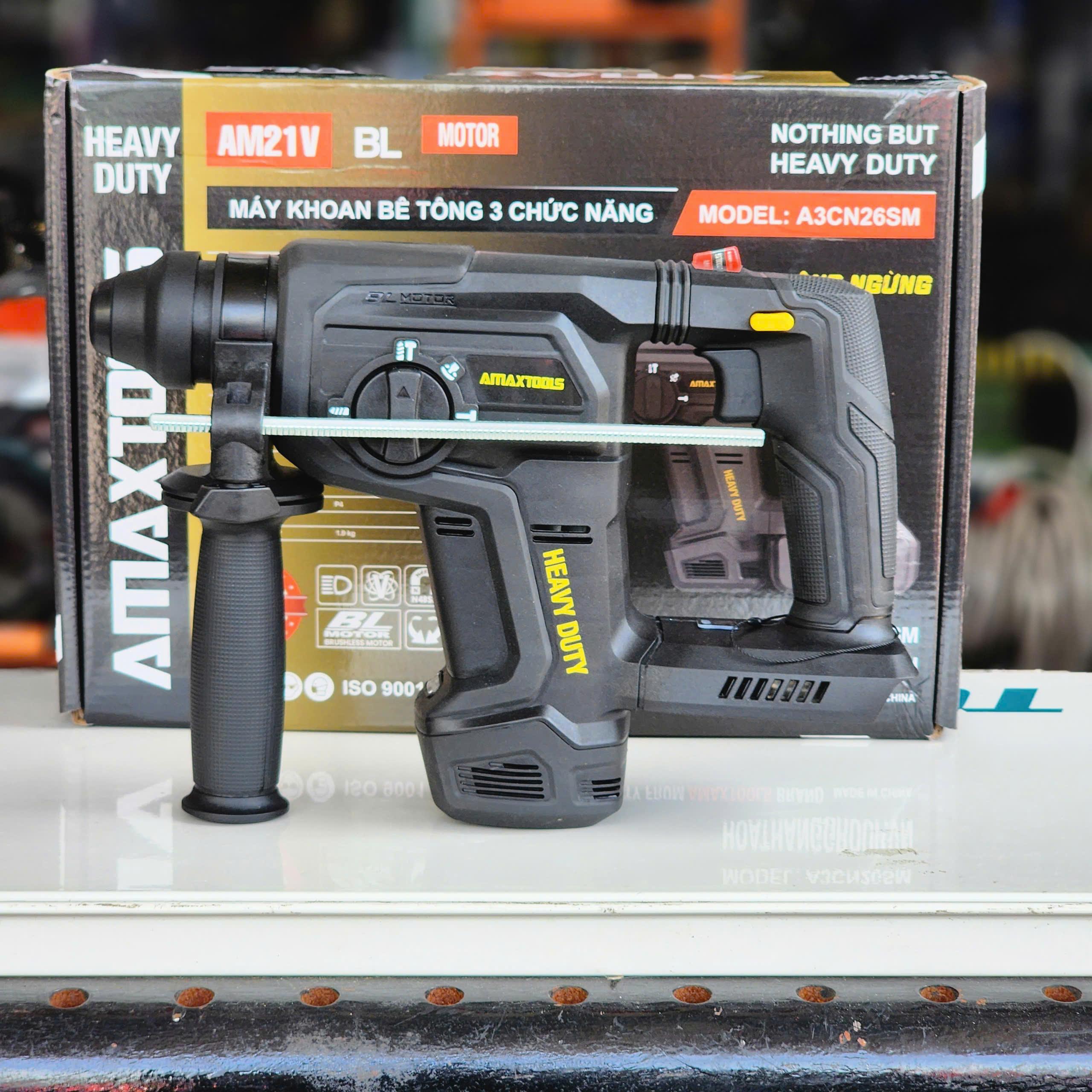 Máy khoan bê tông không chổi than AMAXTOOLS A3CN26SM (Heavy Duty 21V), có chống lật cổ tay, có tạo xung