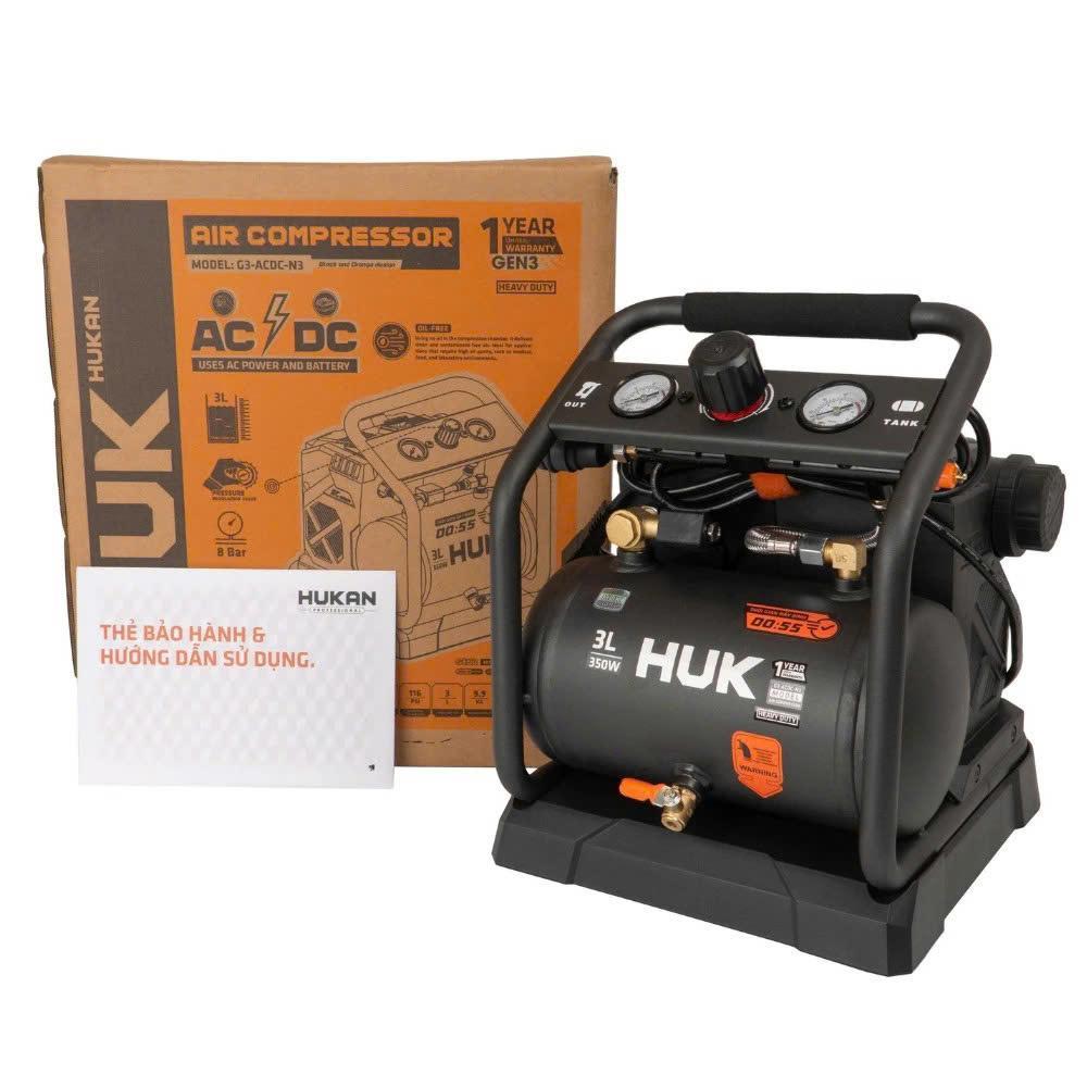 [Điện và Pin] Máy nén khí không dầu 3 Lít - 350w HUKAN G3-ACDC-N3, Dùng Điện hoặc Pin chân phổ thông