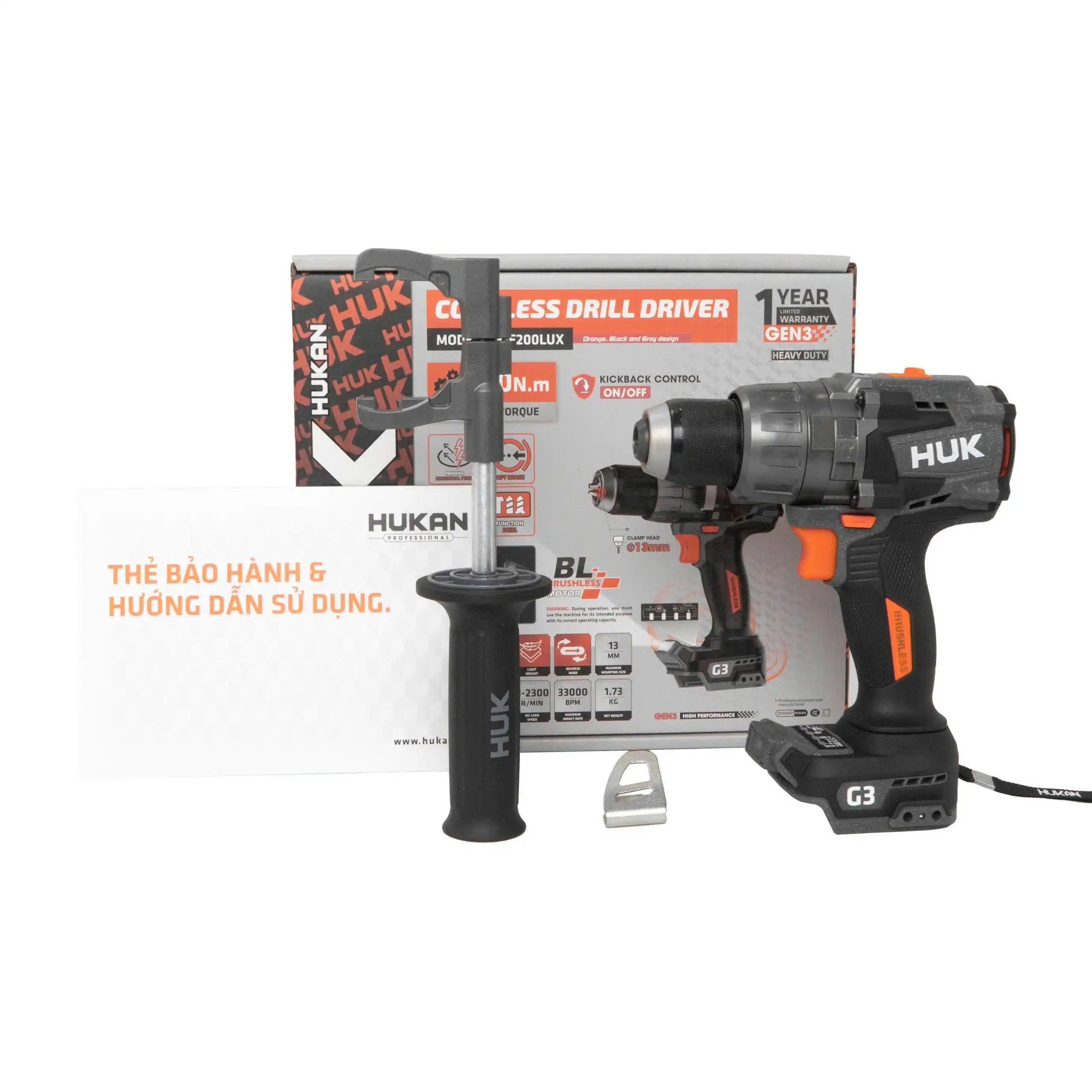 Máy Khoan Pin HUKAN 200Nm GEN3 G3-F200LUX | ĐỘNG CƠ KHÔNG CHỔI THAN – 200N.m | ANTI KICKBACK, Chống Lật cổ tay
